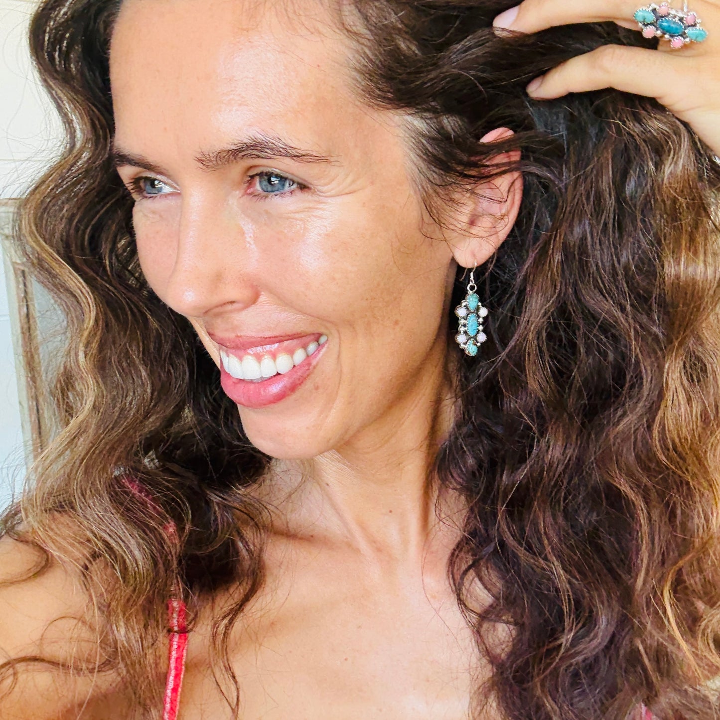 Navajo Pearlene Spencer - Pink Conch & Multi Turquoise Earrings