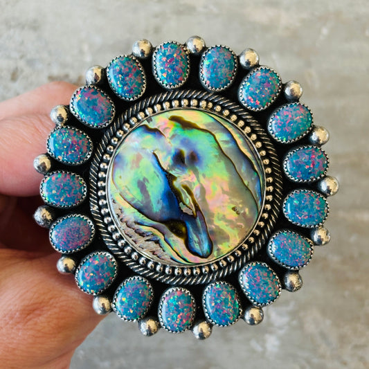 Navajo Hemerson Brown Sterling Silver - Abalone & Purple Lab Opal Cluster Statement Ring