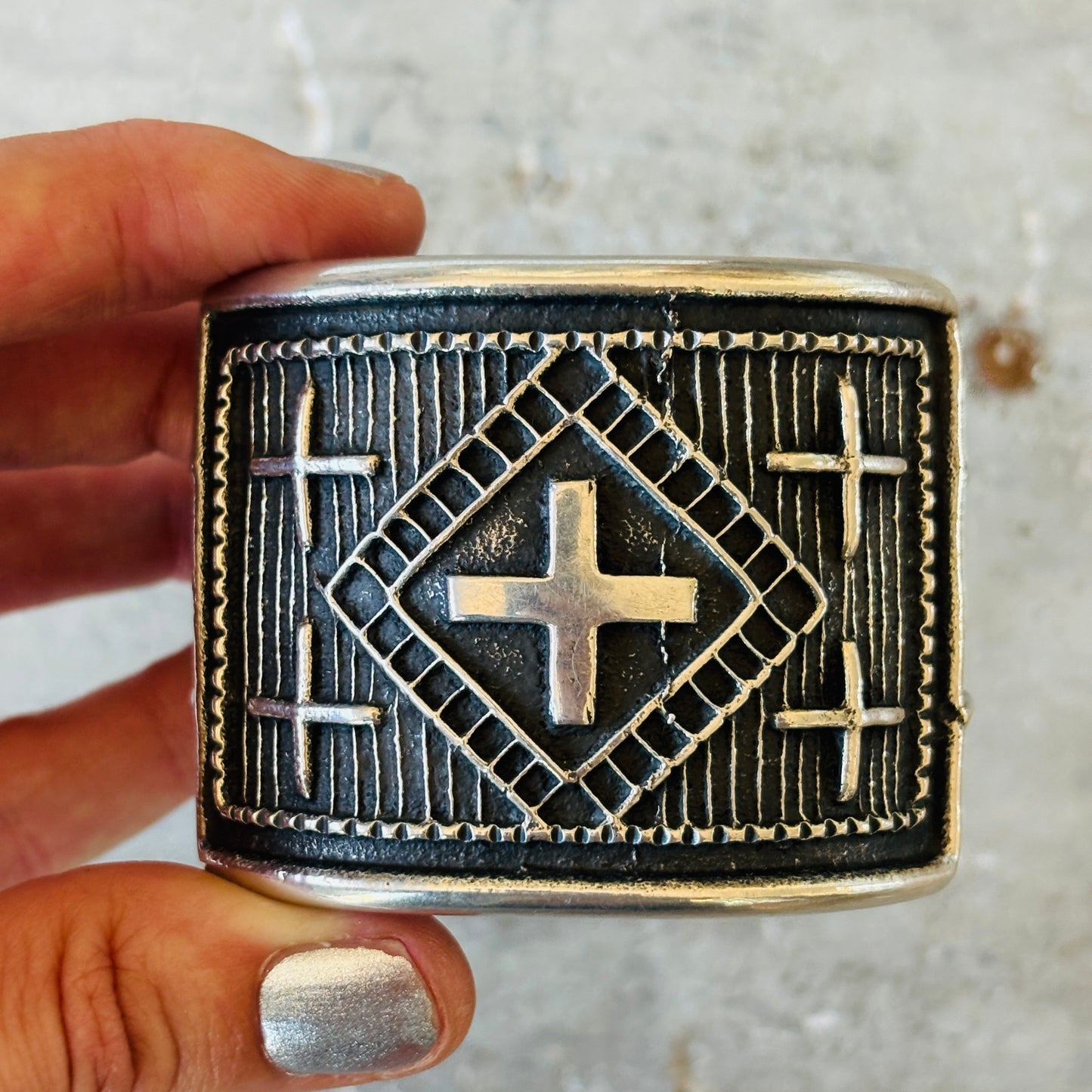 Navajo Stanford Yazzie Sterling Silver Tufa Cast Crosses Chief Cuff