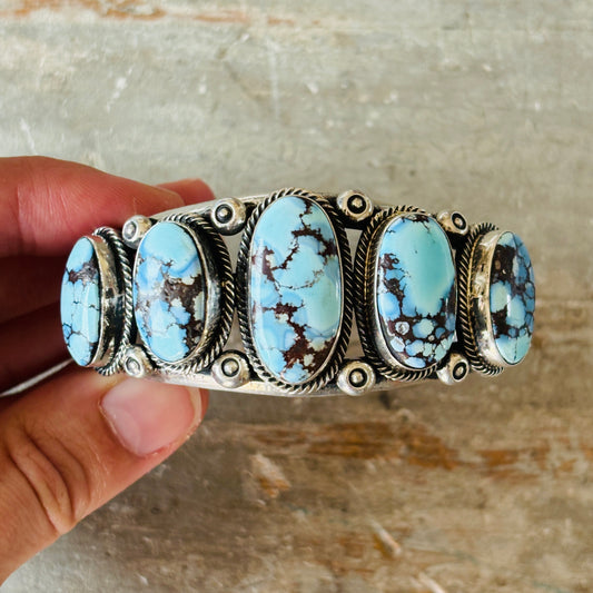 Navajo Hemerson Brown Sterling Silver & Golden Hills Turquoise 5 Stone Stacker Cuff