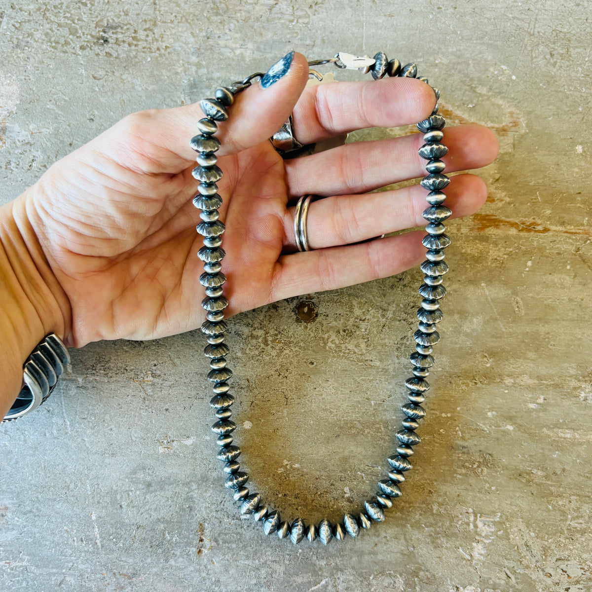 Navajo Tonisha Haley Sterling Silver 10mm Fluted - 6.5mm Round Handmade Pearls Necklace