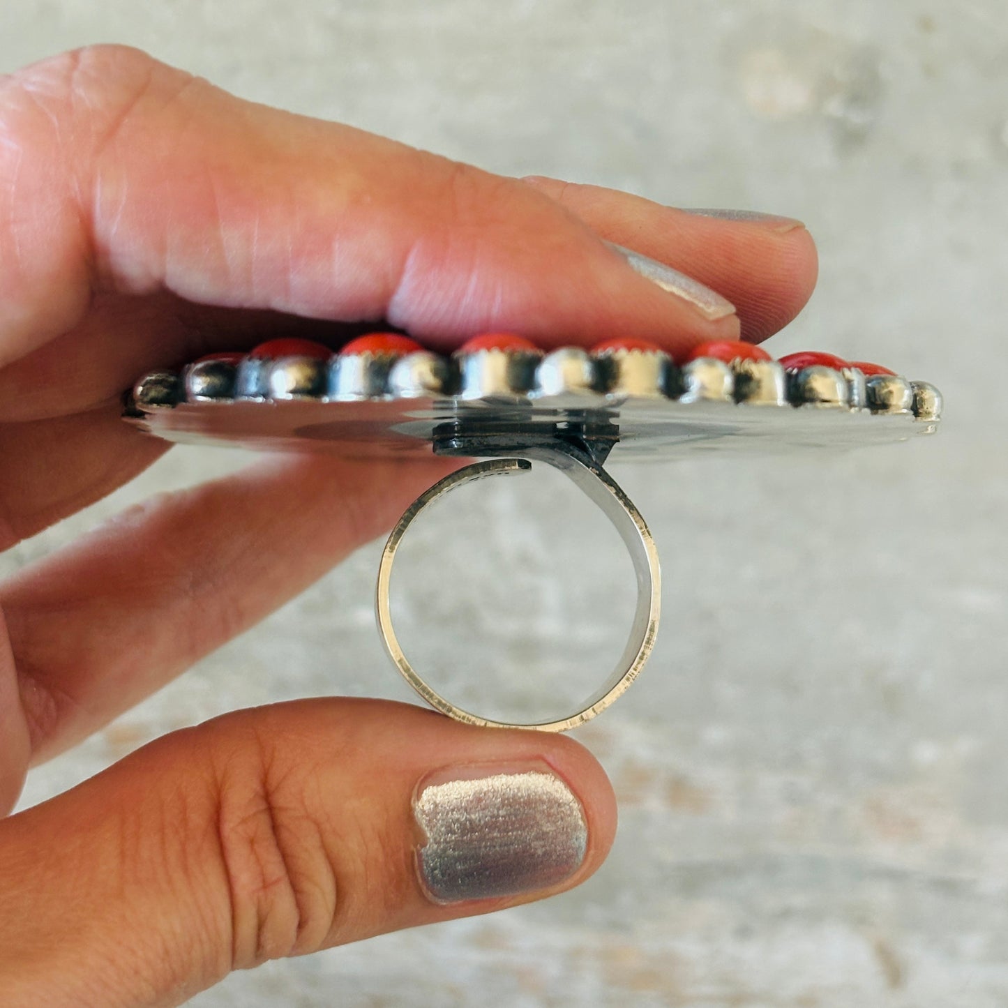 Navajo Hemerson Brown Sterling Silver - Red Coral & Sonoran Turquoise Statement Ring