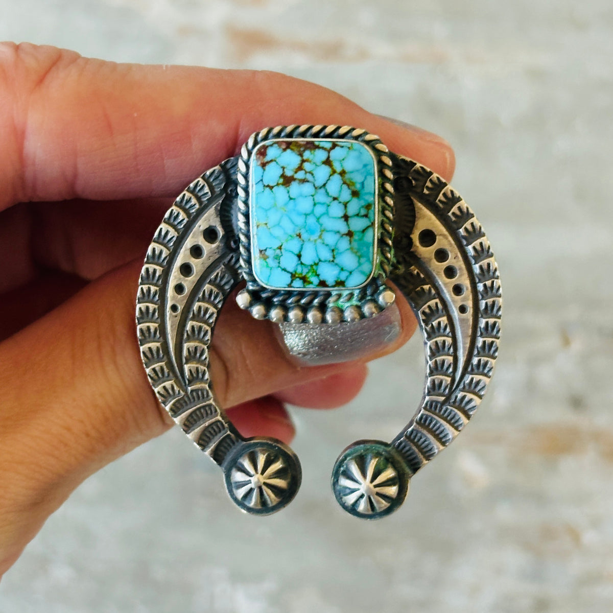 Navajo Hemerson Smith Sterling Silver & Web Kingman Turquoise Naja Ring