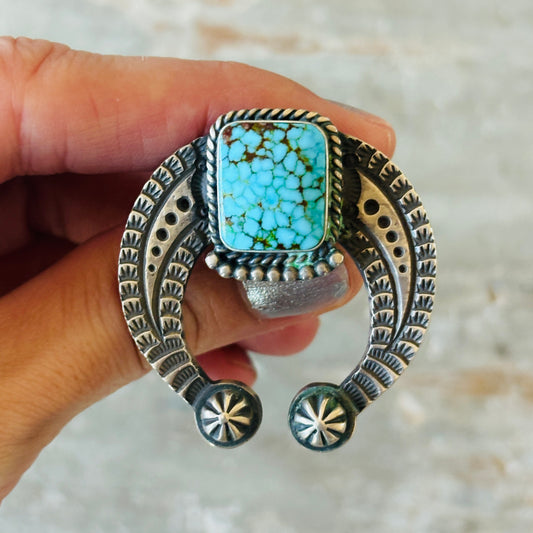 Navajo Hemerson Smith Sterling Silver & Web Kingman Turquoise Naja Ring