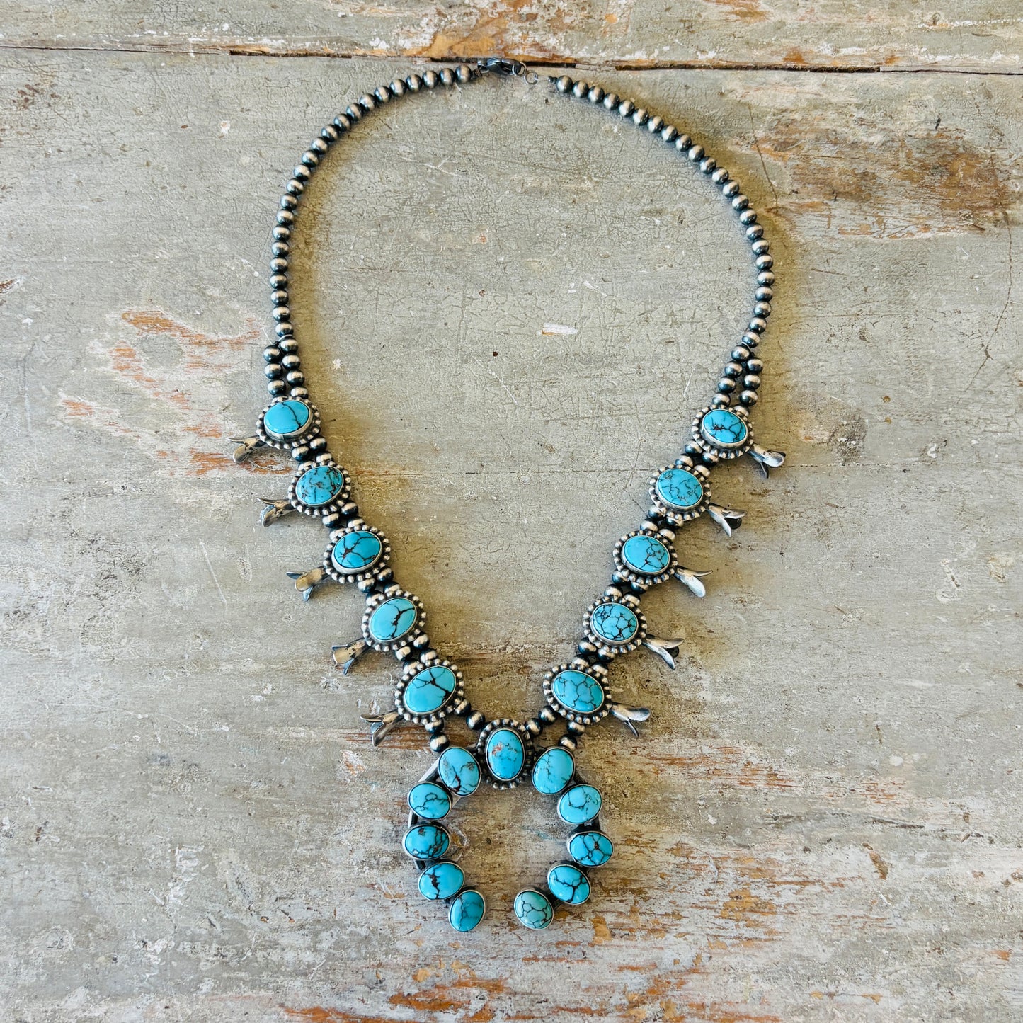 Navajo Lydia Begay Sterling Silver & Egyptian Turquoise Squash Blossom Necklace