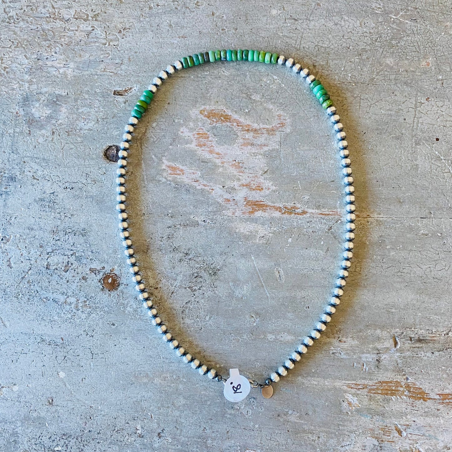 Navajo Strung Sterling Silver Machine Made Pearls & Green Turquoise Necklace