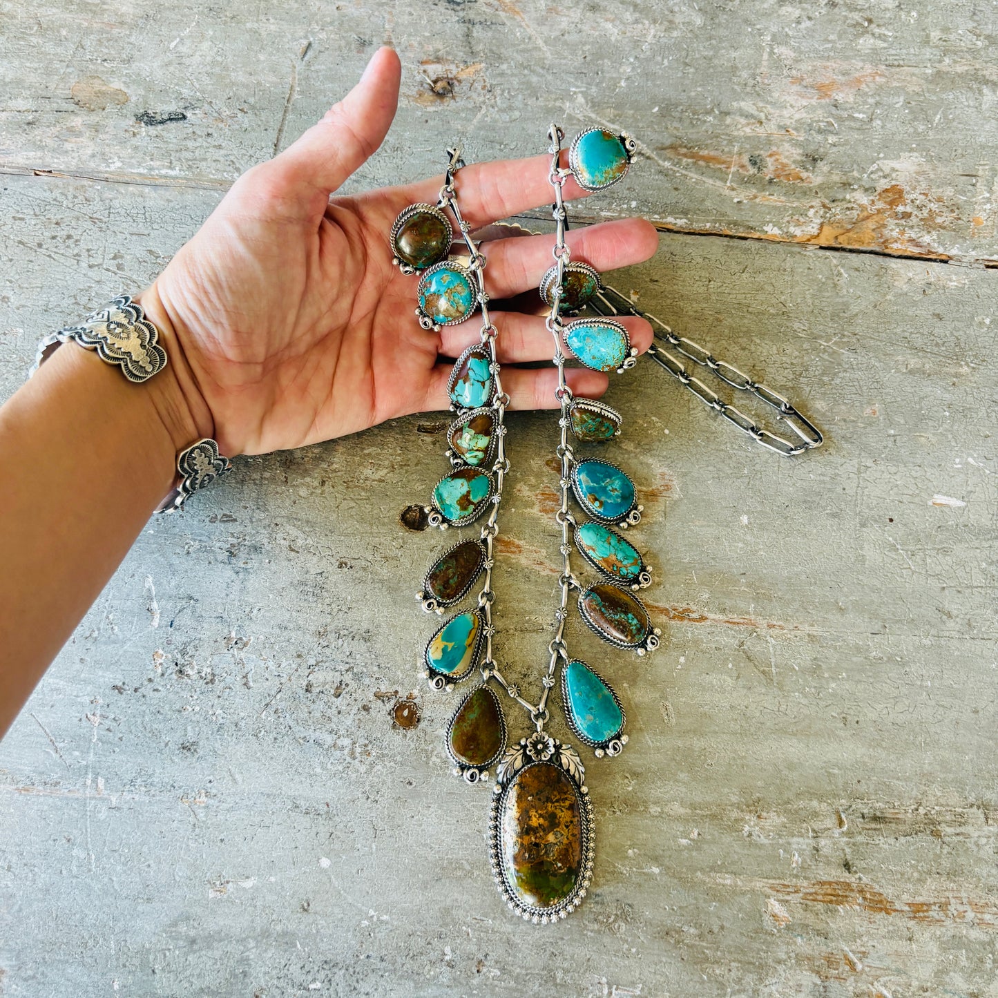 Navajo Brenda Jimenez Sterling Silver - Royston & Pilot Mountain Turquoise Waterfall Statement Necklace