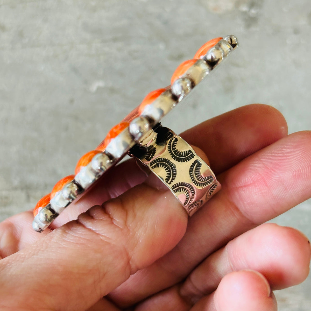 Navajo Tyler Brown Sterling Silver & Orange Spiny Oyster Heart Cluster Ring
