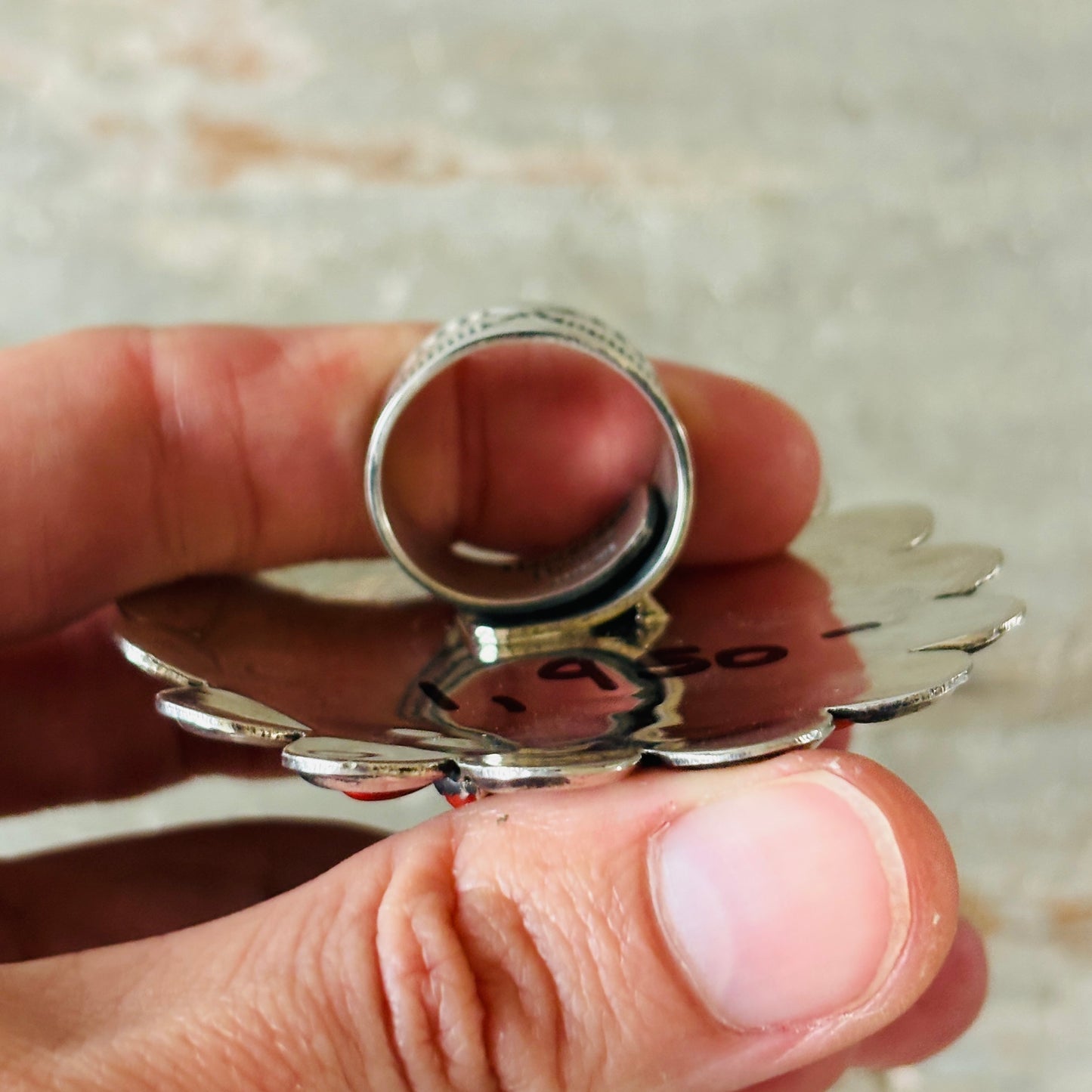 Navajo Hemerson Brown Sterling Silver - Red Coral & Sonoran Turquoise Cluster Statement Ring