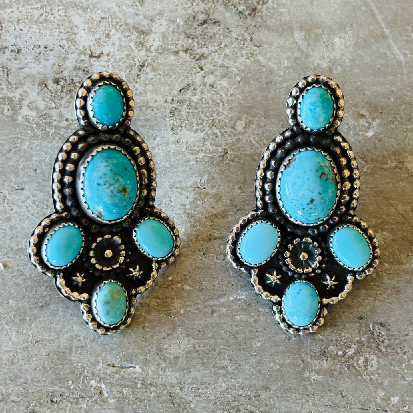Navajo Braxton Parkett Sterling Silver & Kingman Turquoise Cluster Earrings