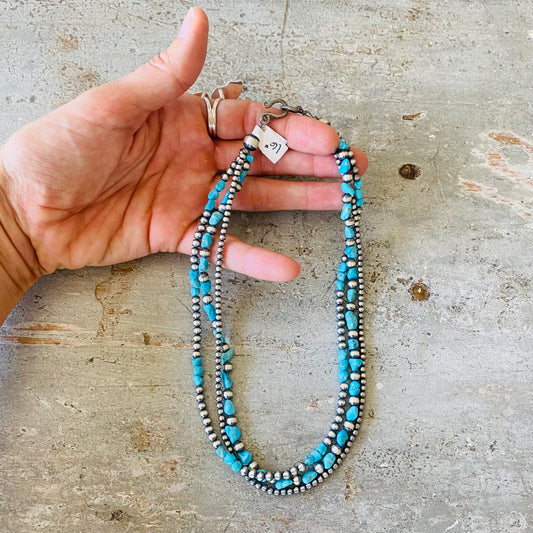 Navajo Sterling Silver & Turquoise Pearls 3 Strands Necklace