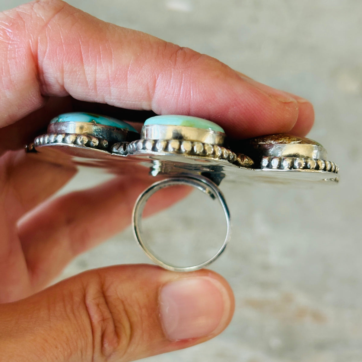 Navajo Hemerson Brown Sterling Silver & Sonoran Turquoise Cluster Statement Ring