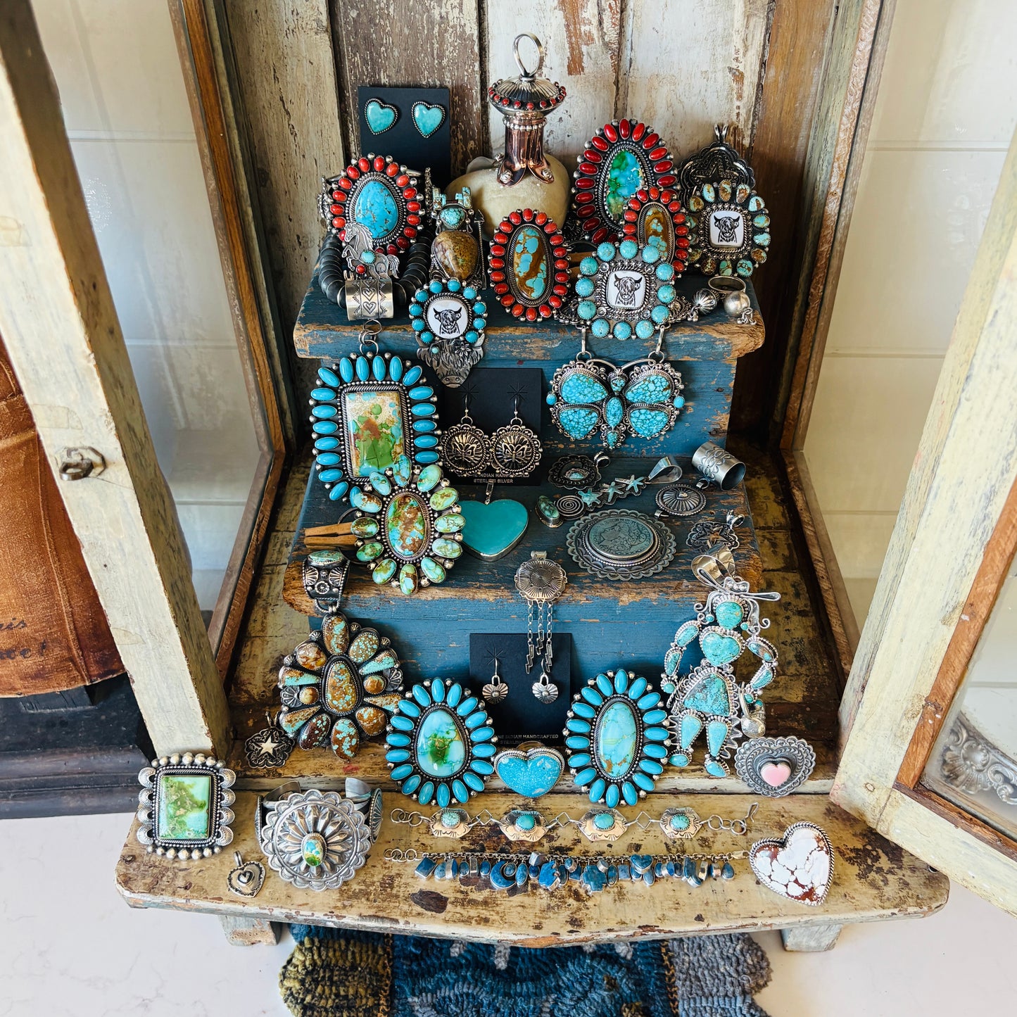 Navajo Hemerson Brown Sterling Silver & Web Kingman Butterfly Concho Statement Necklace Set
