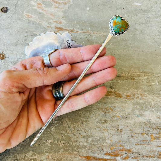 Navajo Lorenzo Ariviso Sterling Silver & Pilot Mountain Turquoise Heart Hair Pin