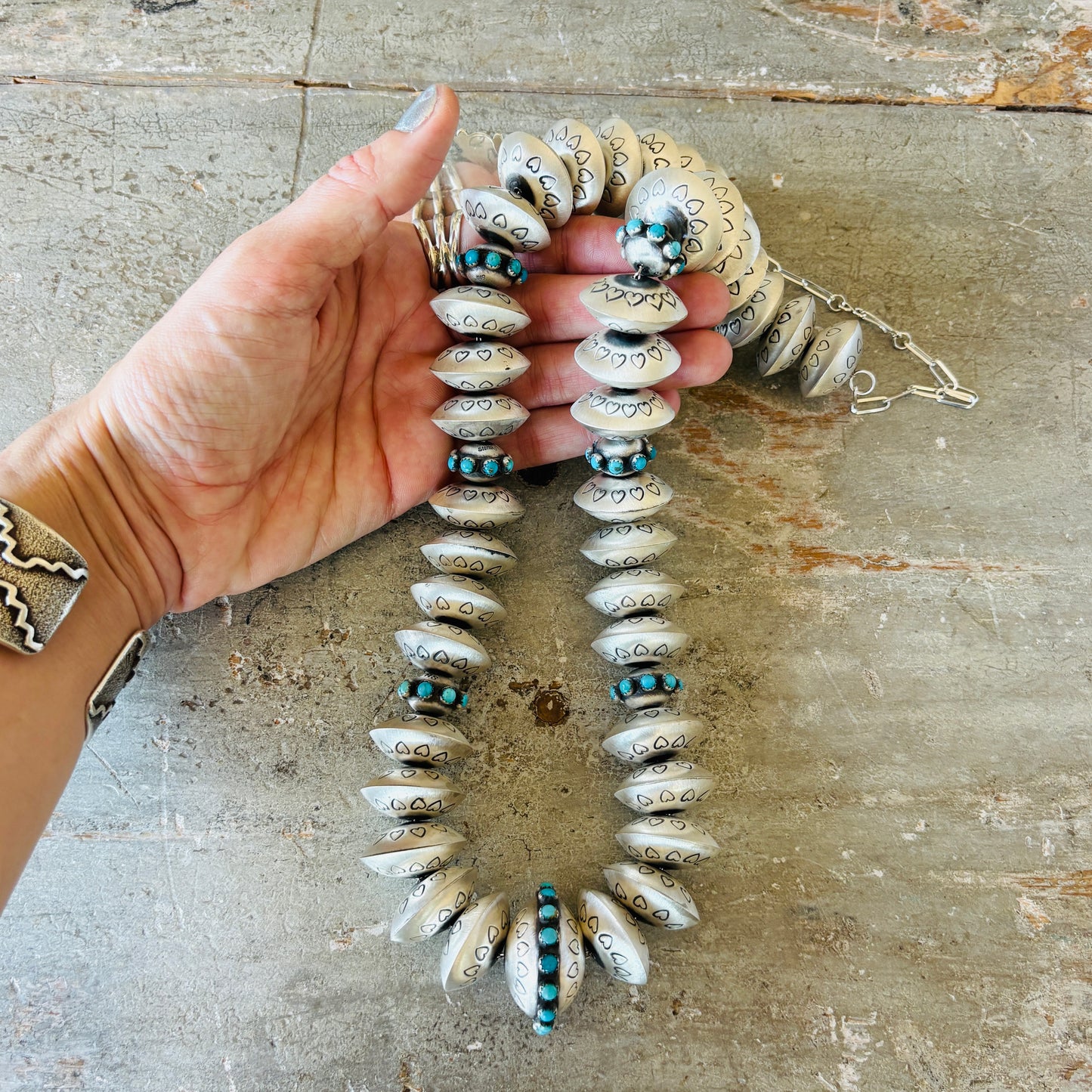 Navajo Monika Smith Sterling Silver & Kingman Turquoise Hearts Graduated Handmade Pearls