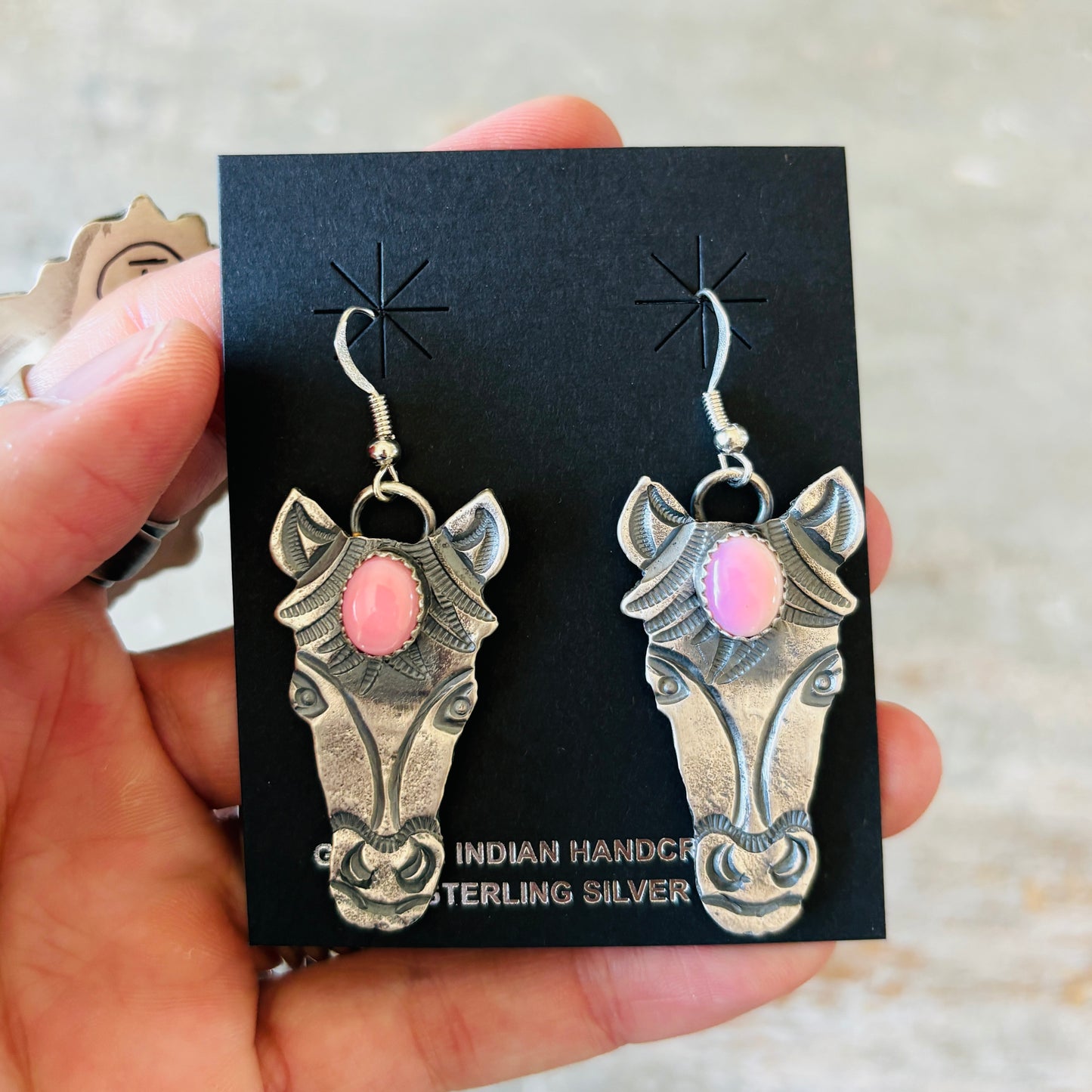 Navajo Kindale Billah Sterling Silver & Pink Conch Horse Earrings