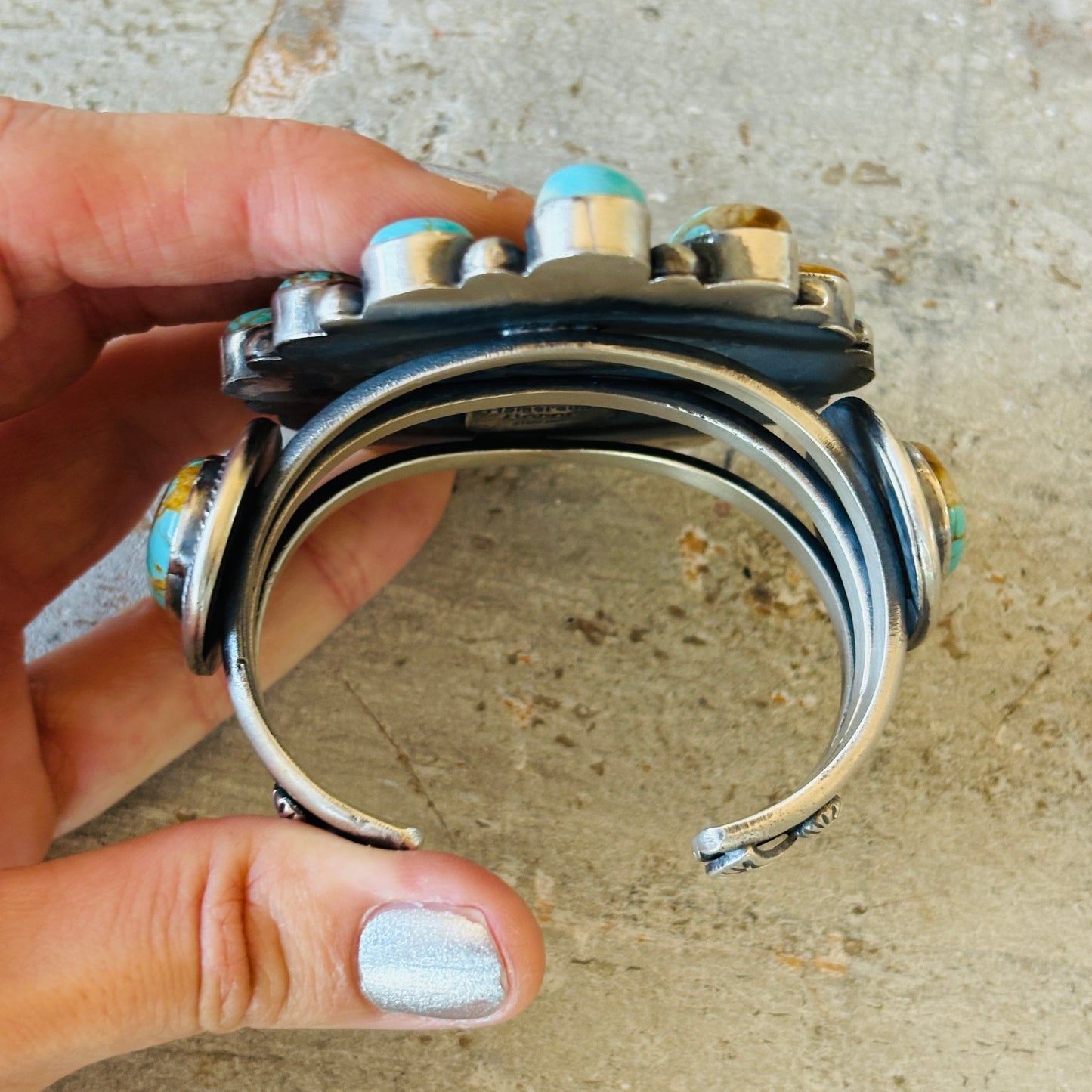 Navajo Hemerson Brown Sterling Silver & Royston Turquoise Cluster Statement Cuff