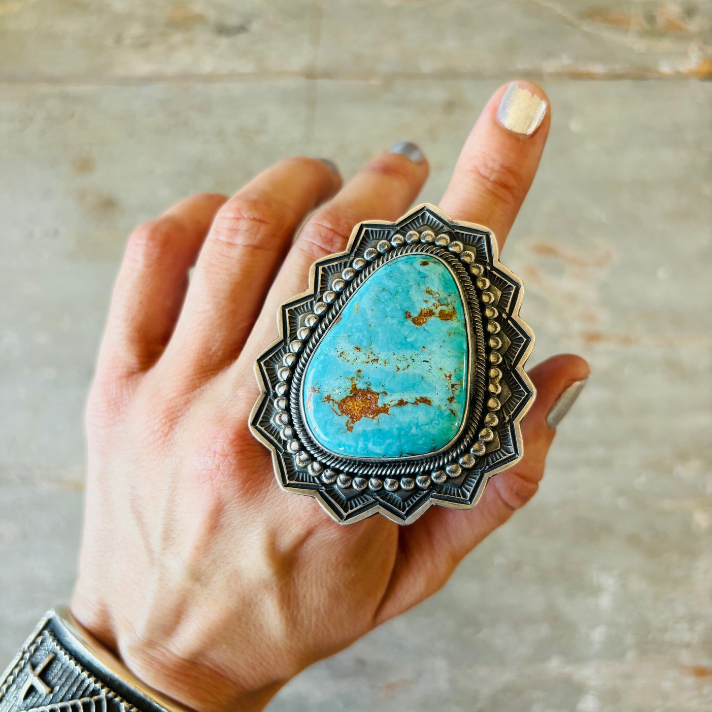 Navajo Leon Martinez Sterling Silver & Royston Turquoise Statement Ring
