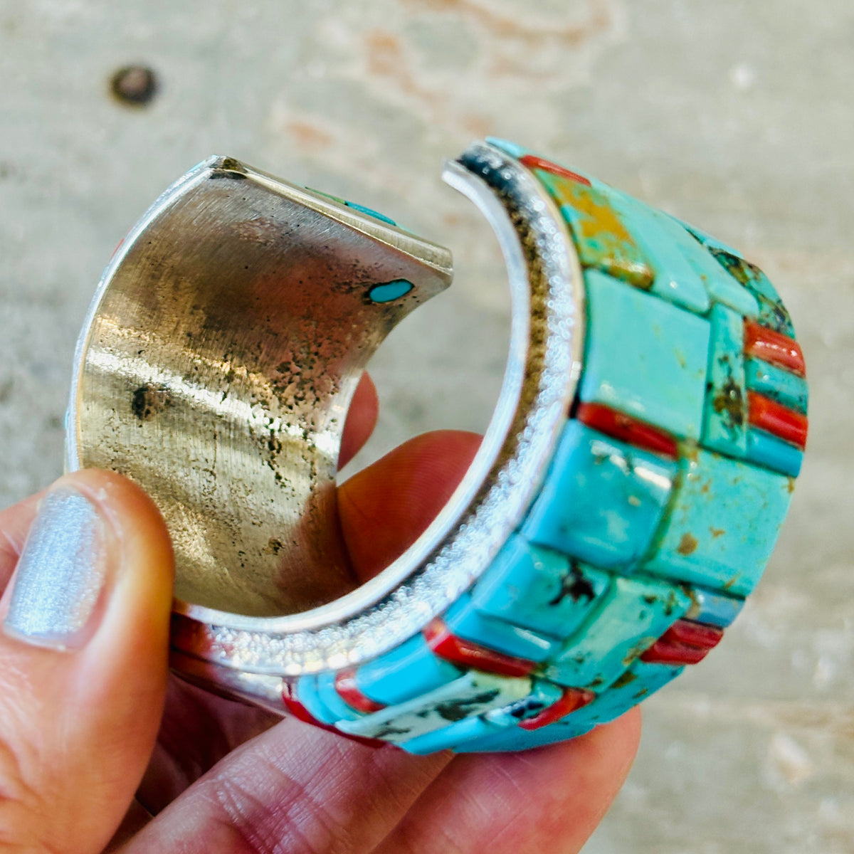 Navajo Lester James Sterling Silver - Red Coral & Multi Turquoise Cobblestone Cuff
