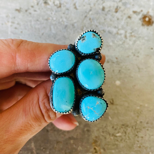 Navajo Tia Long Sterling Silver & Kingman Turquoise Cluster Ring