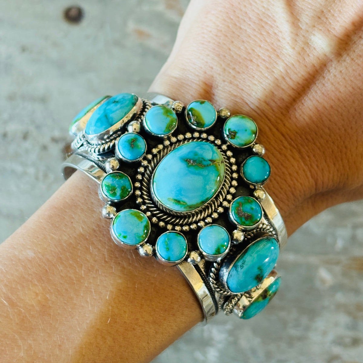 Navajo Hemerson Brown Sterling Silver & Sonoran Turquoise Cluster Statement Cuff
