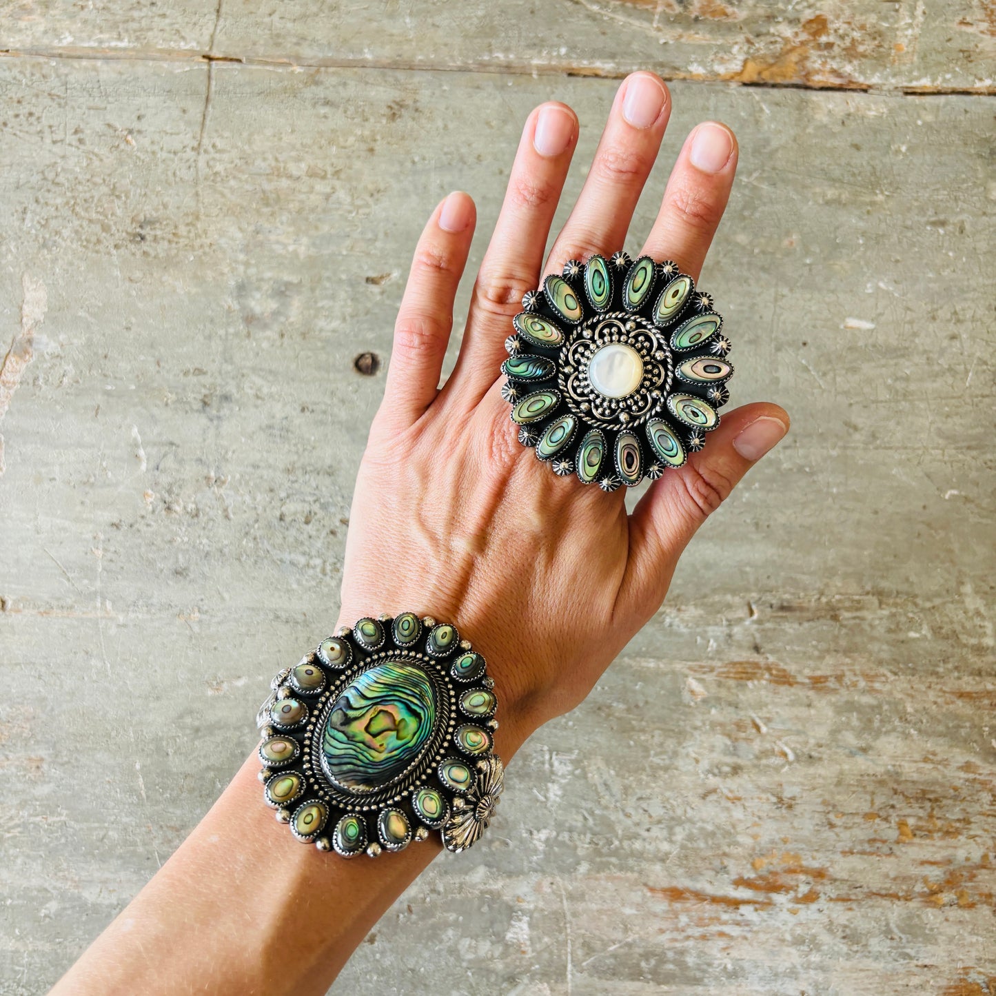 Navajo Hemerson Brown Sterling Silver - MOP & Abalone Shell Cluster Statement Ring