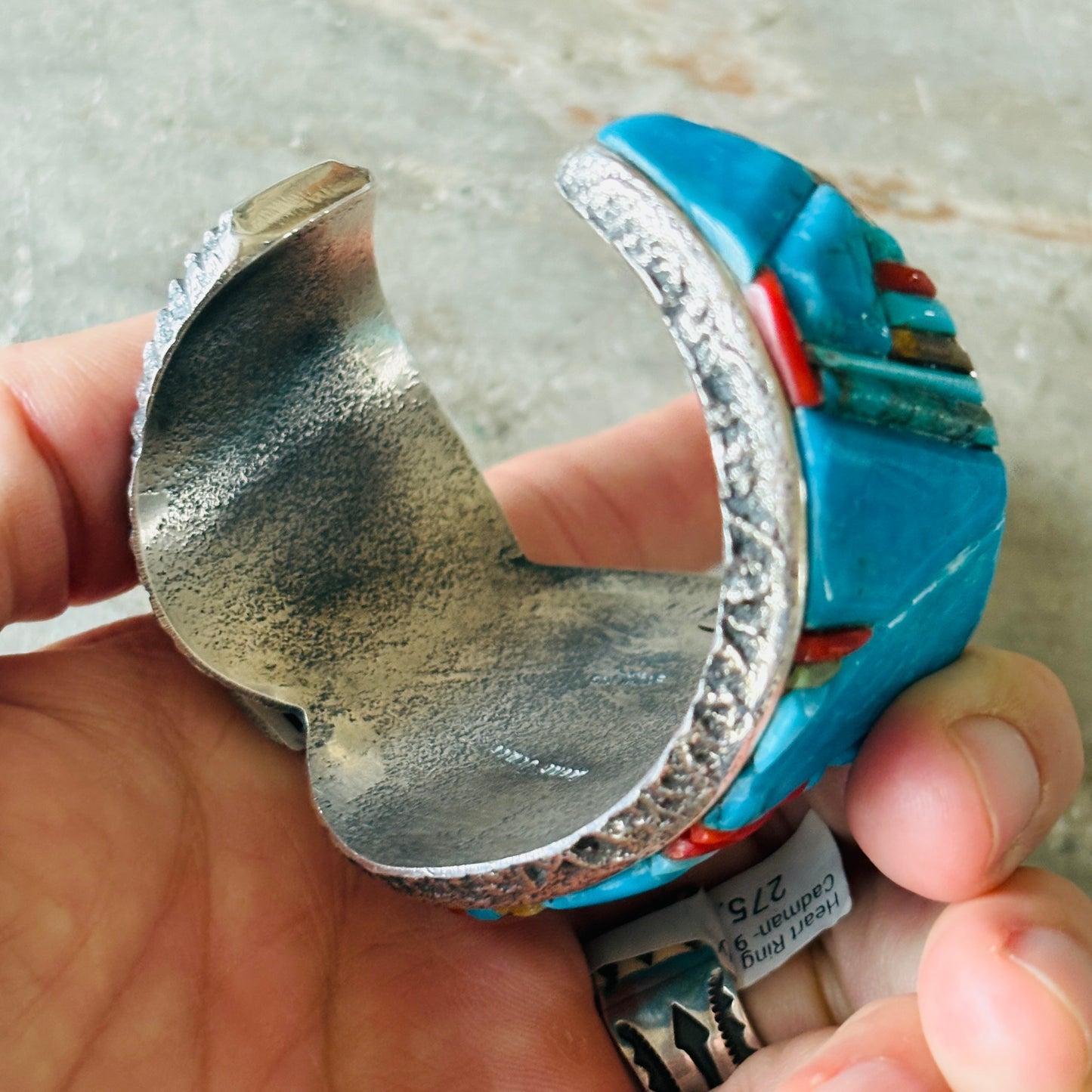 Navajo Lester James Sterling Silver - Red Coral & Kingman Turquoise Cobblestone Cuff