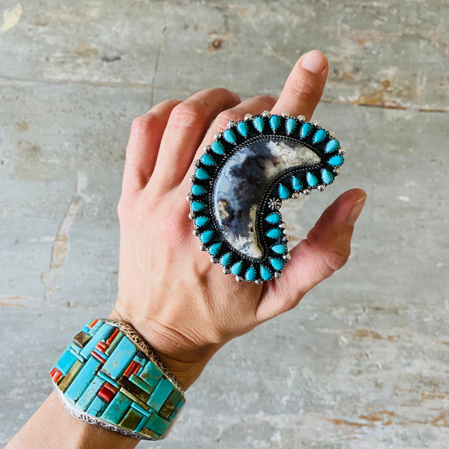 Navajo Lorenzo Jerilyn Chee Sterling Silver - Plume Agate & Kingman Turquoise Moon Ring