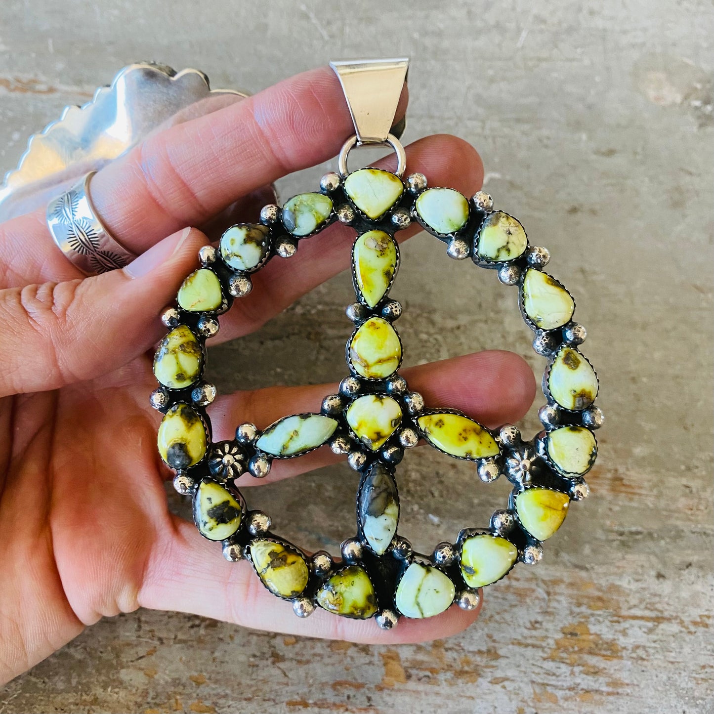 Navajo Lorenzo & Jerilyn Chee Sterling Silver & Palomino Variscite Peace Sign Pendant