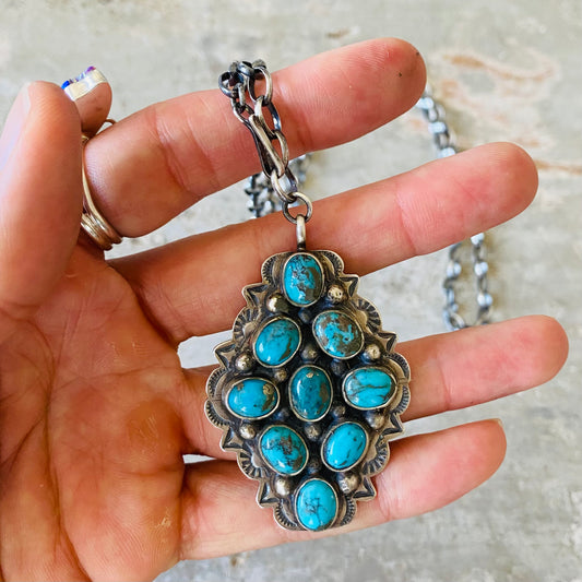 Navajo Signed Sterling Silver & Turquoise Statement Necklace