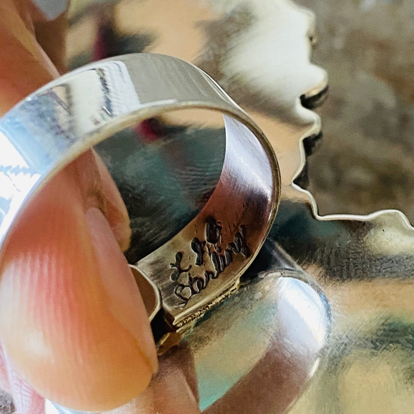 Navajo Lorenzo Jerilyn Chee Sterling Silver - Plume Agate & Kingman Turquoise Moon Ring