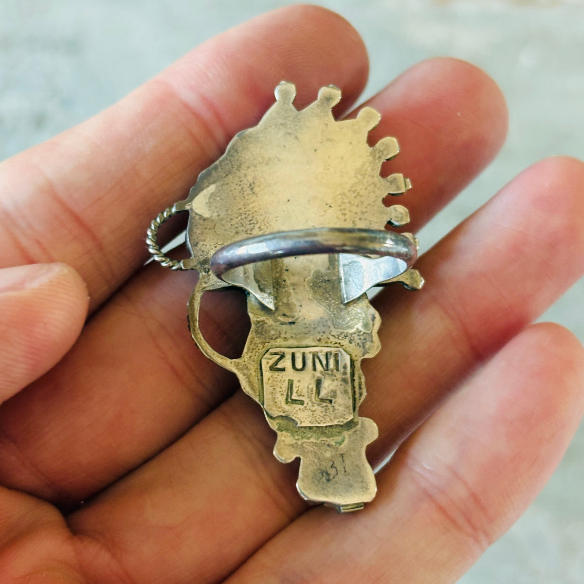 Vintage Zuni Larry Laate Sterling Silver & Turquoise Kachina Ring