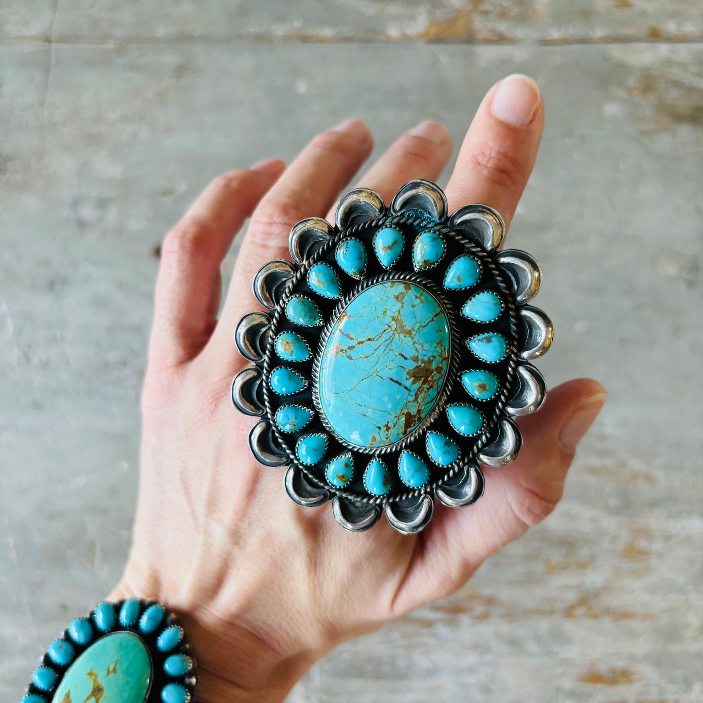 Navajo Hemerson Brown Sterling Silver & Kingman Turquoise Cluster Ring