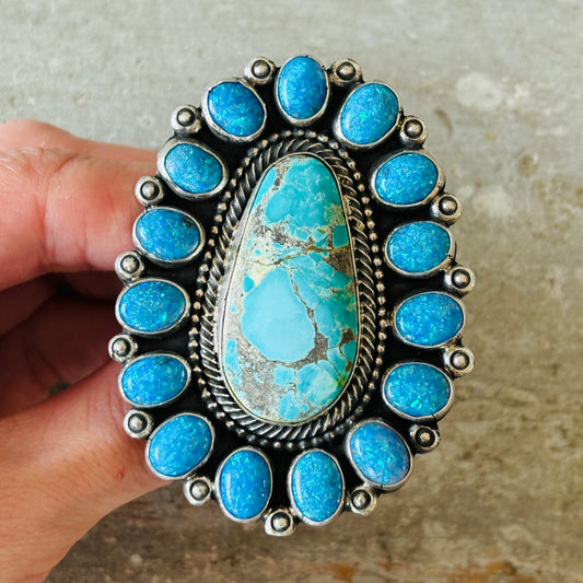 Navajo Hemerson Brown Sterling Silver - Sonoran Turquoise & Blue Lab Opal Cluster Statement Ring