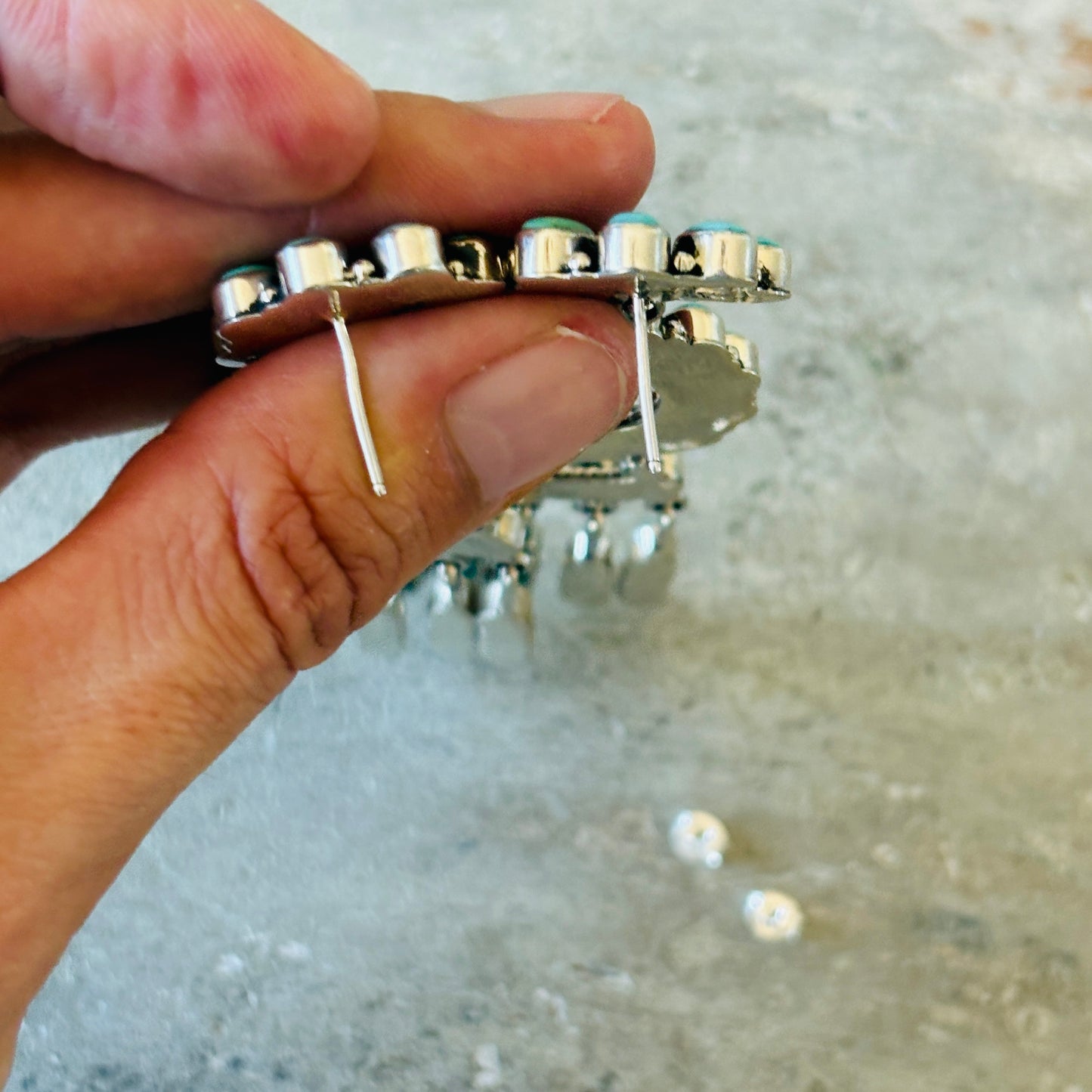 Navajo E Bahe Sterling Silver & Kingman Cluster Statement Earrings