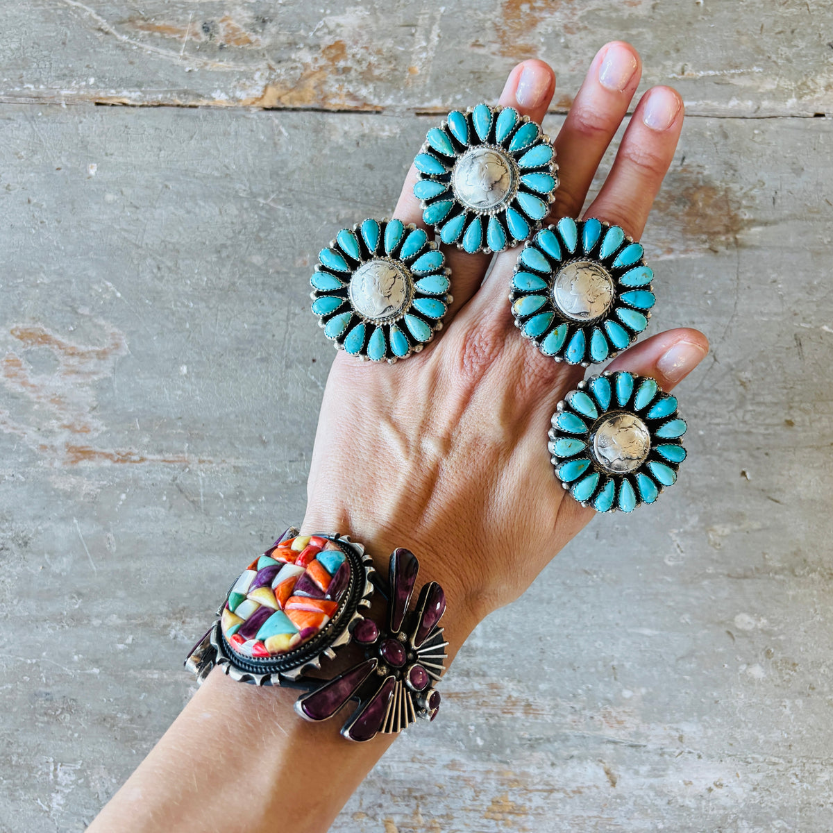 Navajo Mark Jimenez - Effie Garfield Sterling Silver & Kingman Turquoise Liberty Dime Cluster Ring