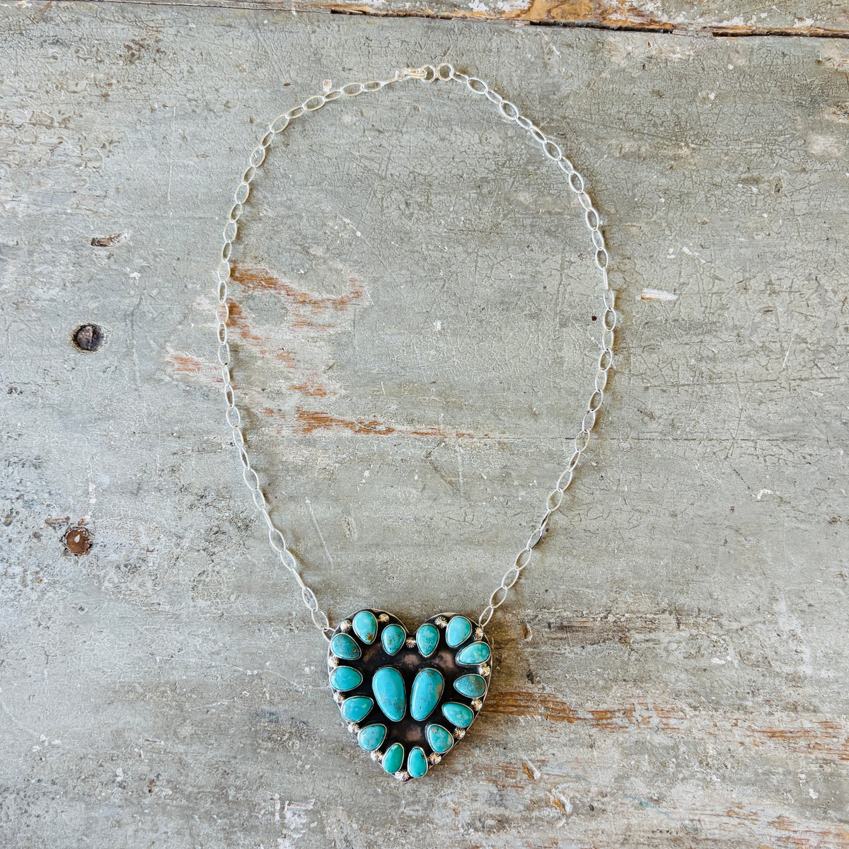 Navajo Freddy Platero Sterling Silver & Whitewater Turquoise Cluster Heart Necklace