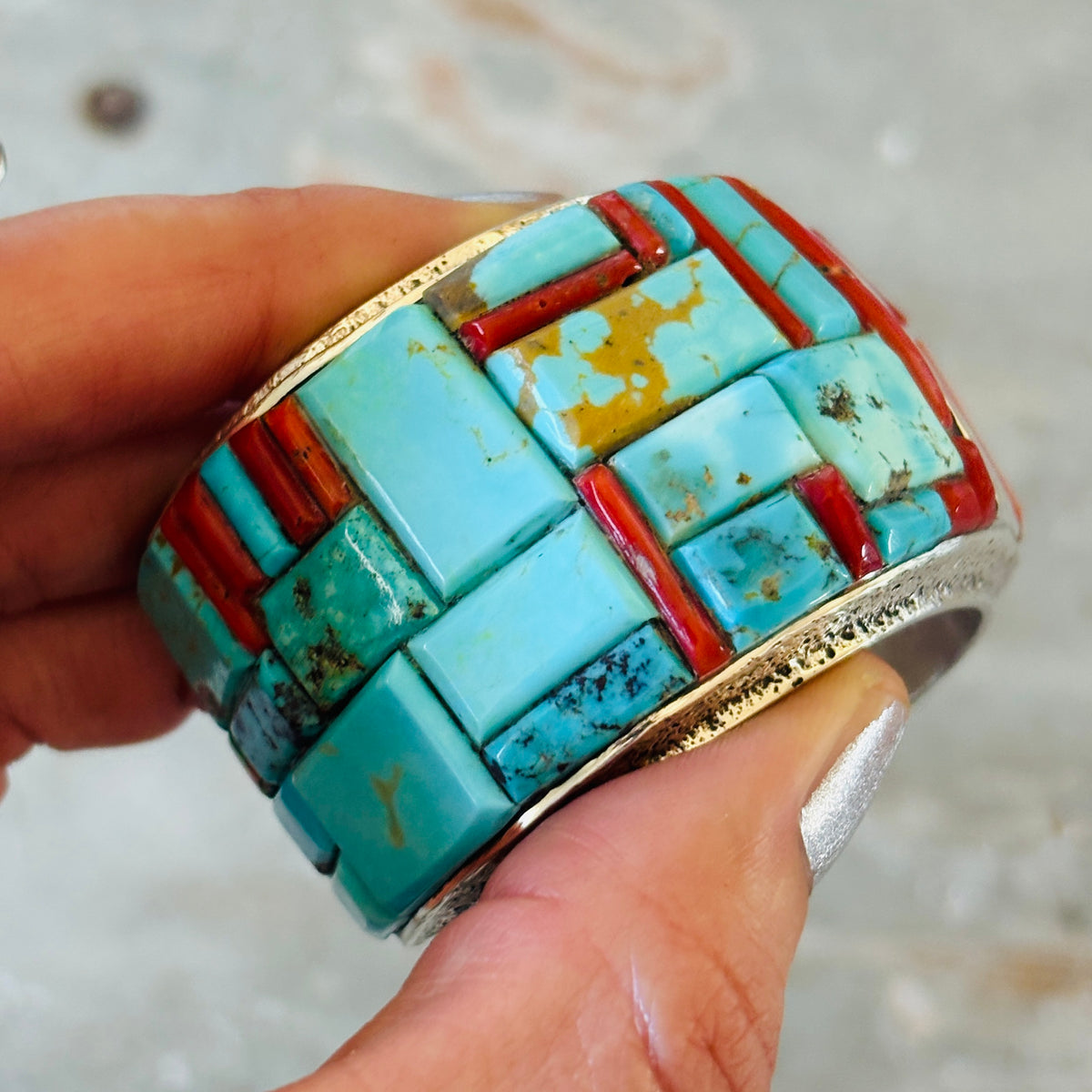 Navajo Lester James Sterling Silver - Red Coral & Multi Turquoise Cobblestone Cuff