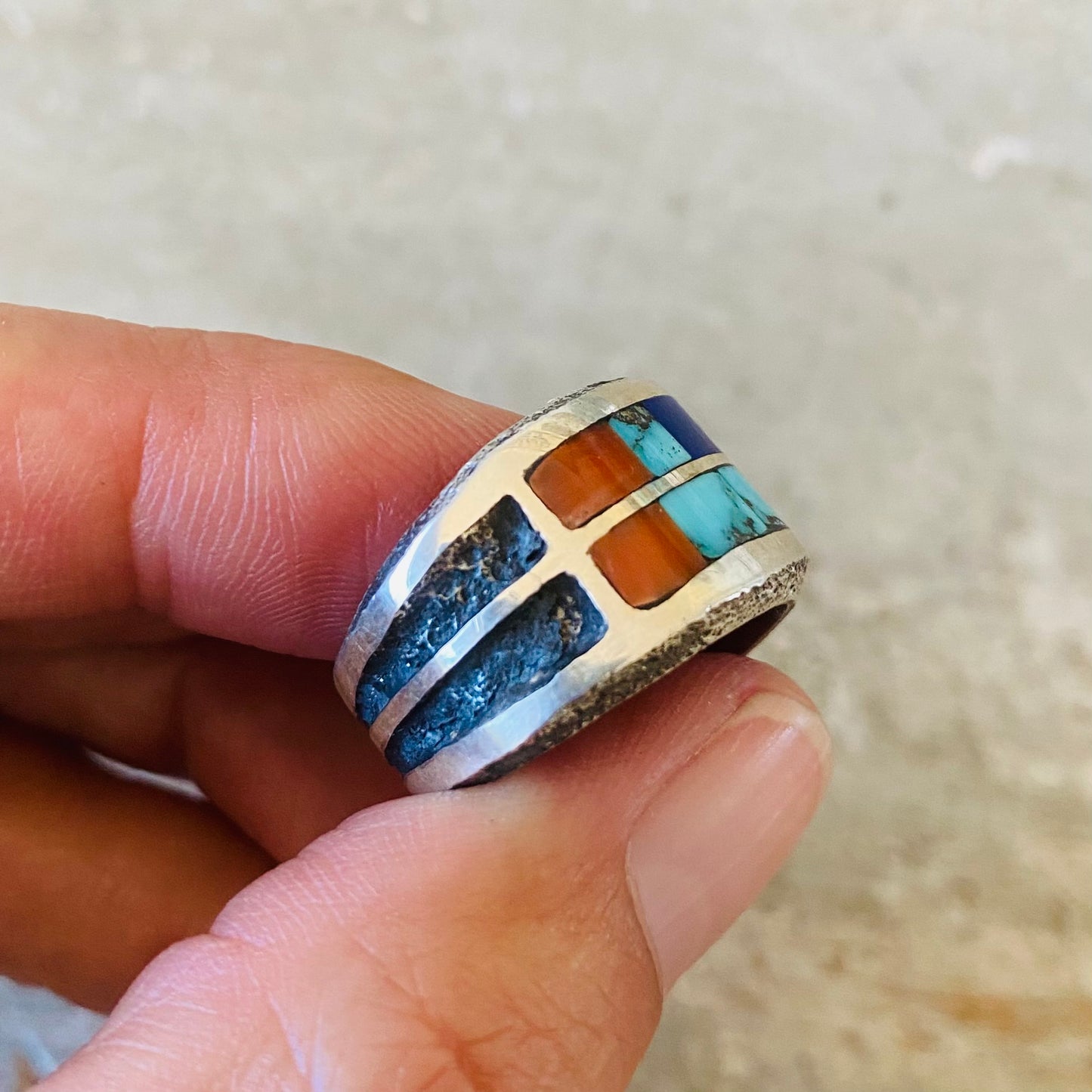 Navajo Lester James Sterling Silver Multi Stone Inlay Tufa Cast Ring