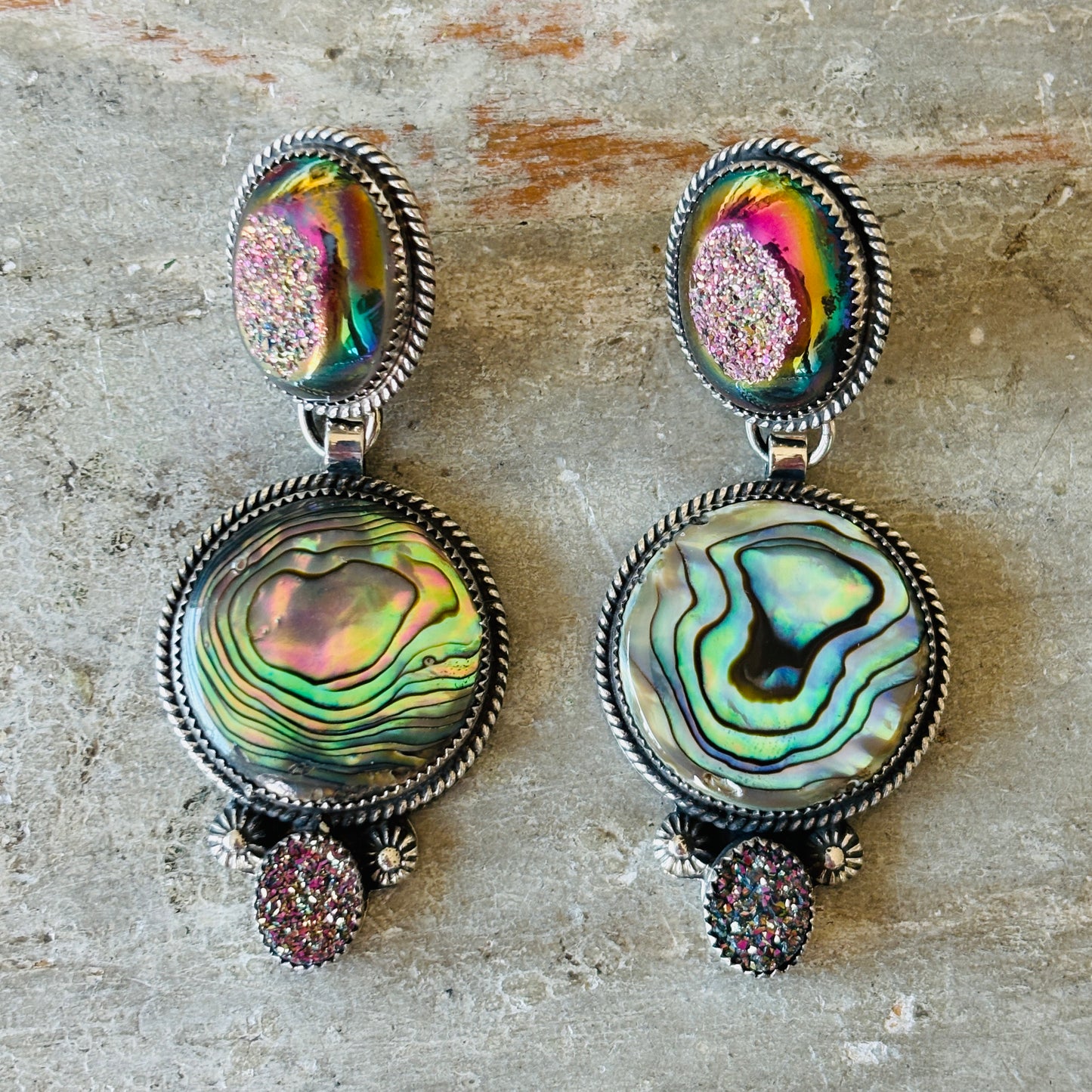 Navajo Hemerson Brown Sterling Silver - Abalone & Druzy Statement Earrings