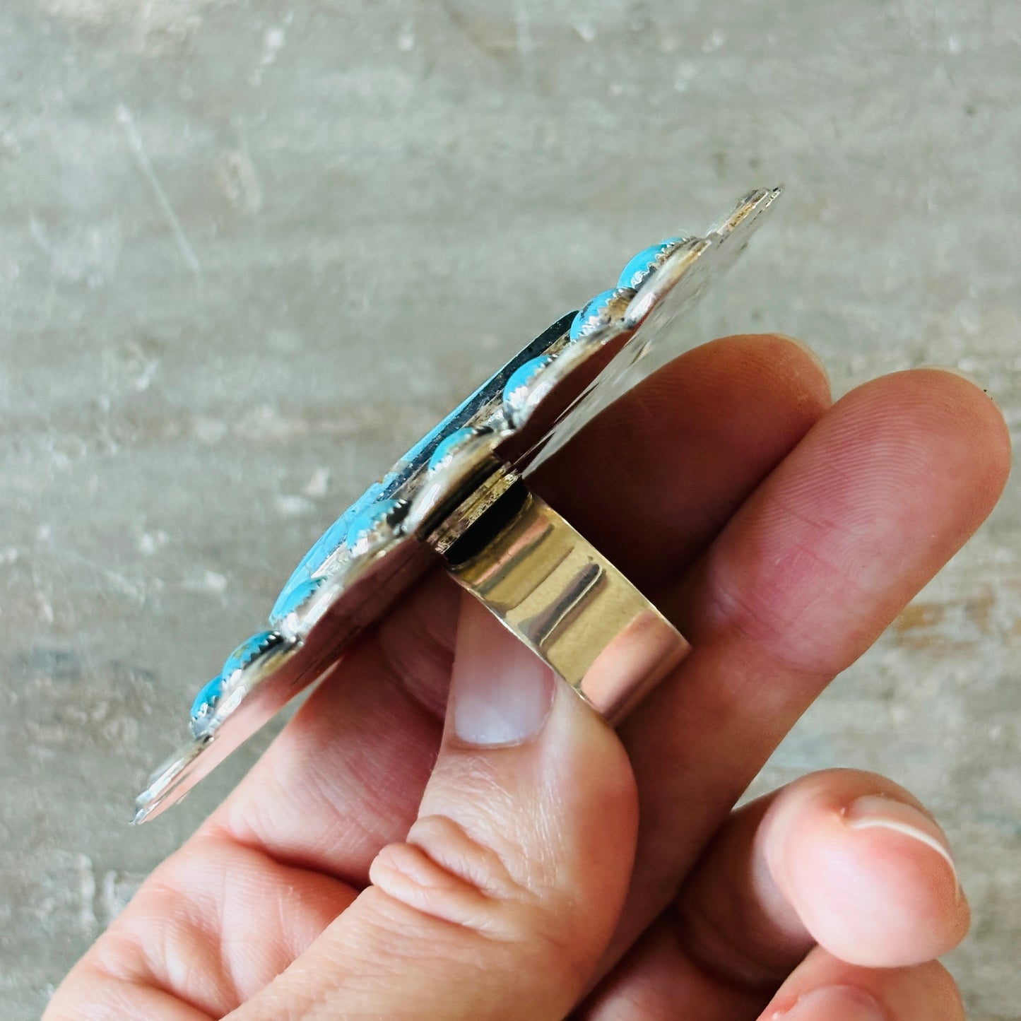 Navajo Hemerson Brown Sterling Silver & Kingman Turquoise Cluster Ring