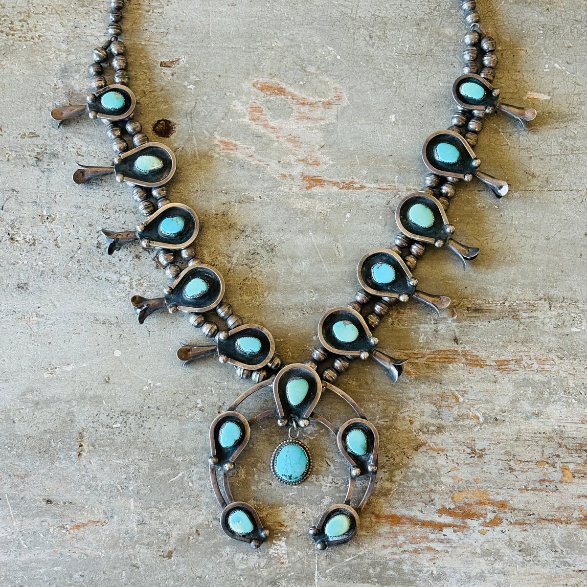 Vintage 1960s Navajo Signed Sterling Silver & Royston Turquoise Squash Blossom Necklace
