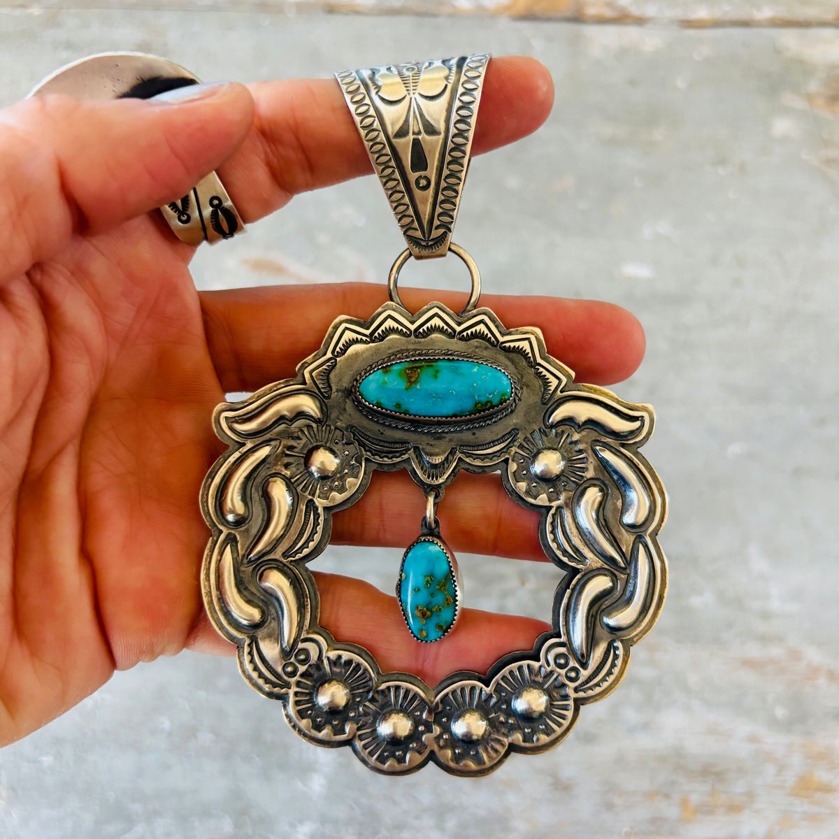 Navajo Roland Dixon Sterling Silver & Sonoran Turquoise Statement Pendant