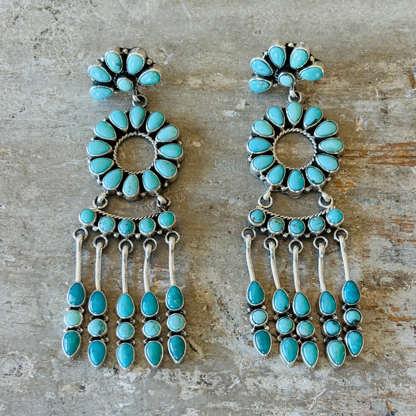 Navajo E Bahe Sterling Silver & Kingman Cluster Statement Earrings
