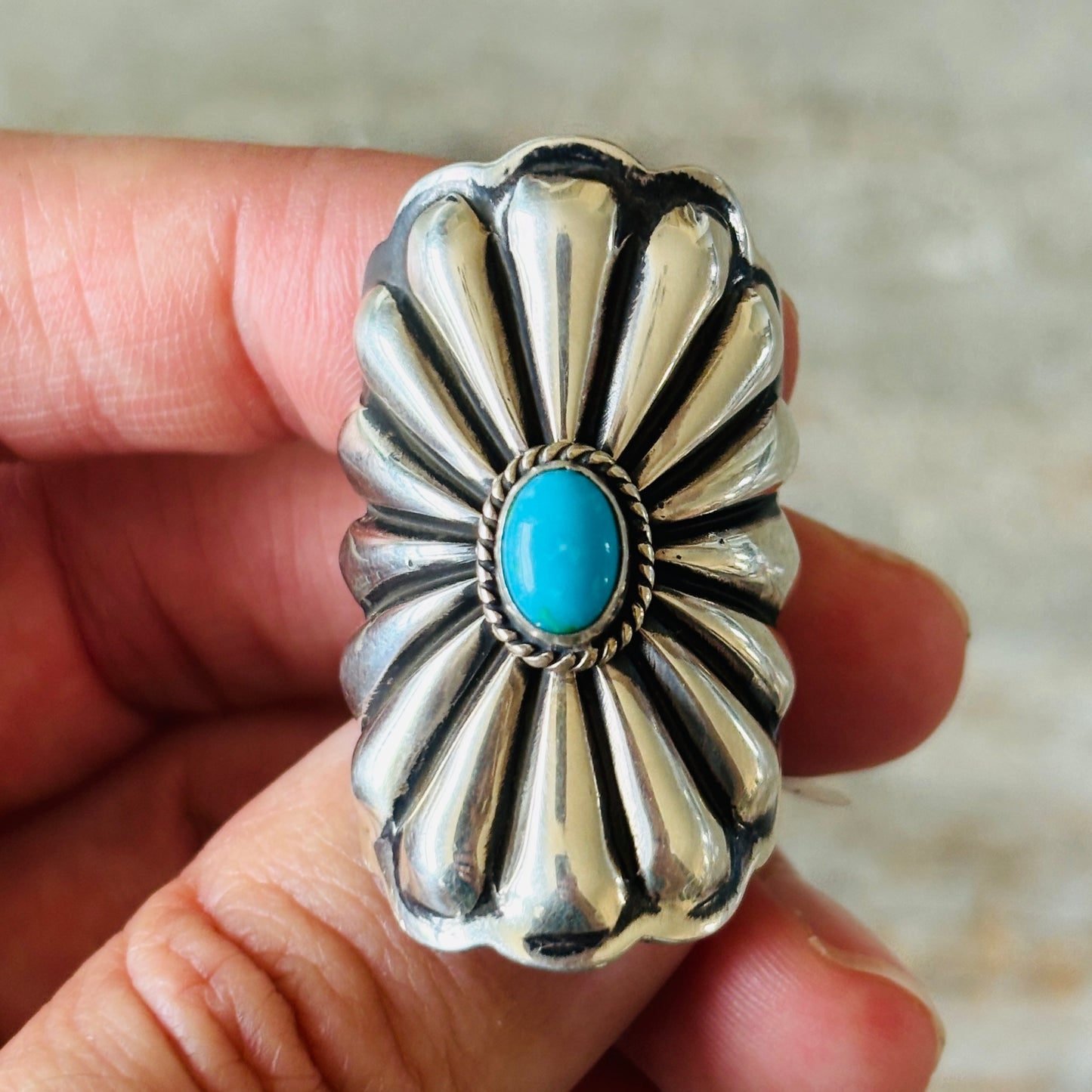 Navajo Darrell Cadman Sterling Silver & Sleeping Beauty Turquoise Concho Ring