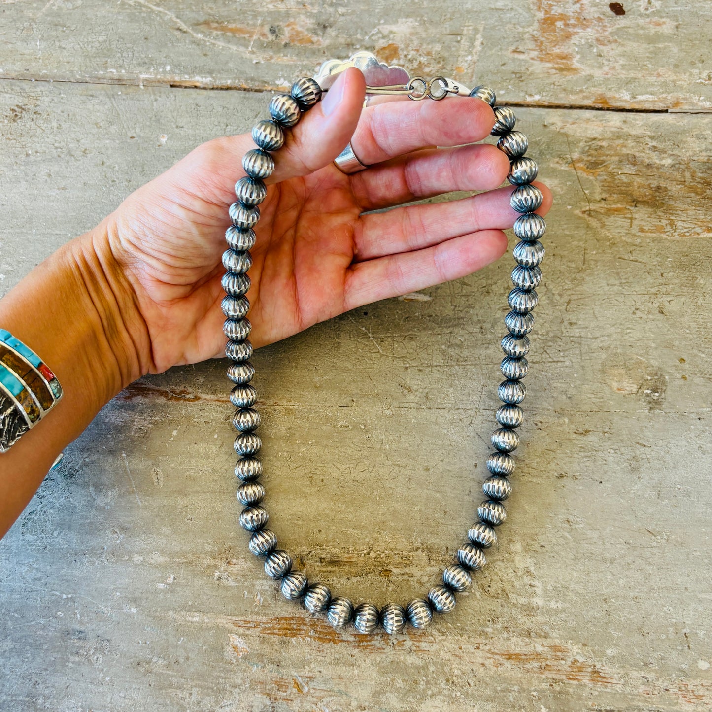 Navajo Preston Haley Sterling Silver 9mm Handmade Fluted Pearls Necklace