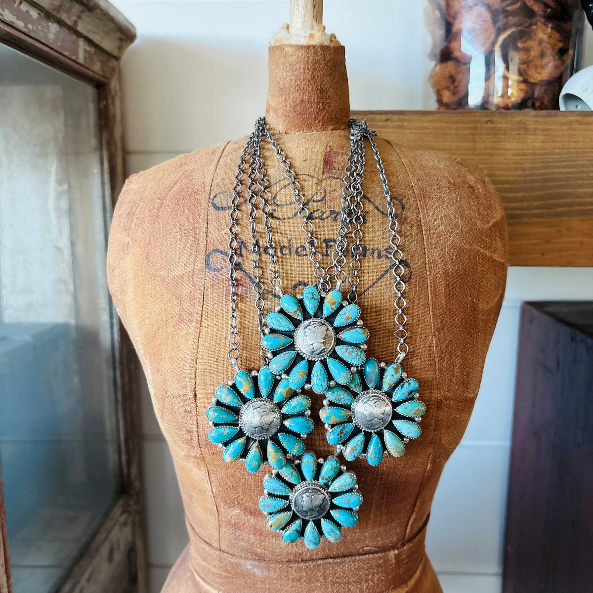 Navajo Deb Smith Sterling Silver & Kingman Turquoise Liberty Dime Cluster Necklace