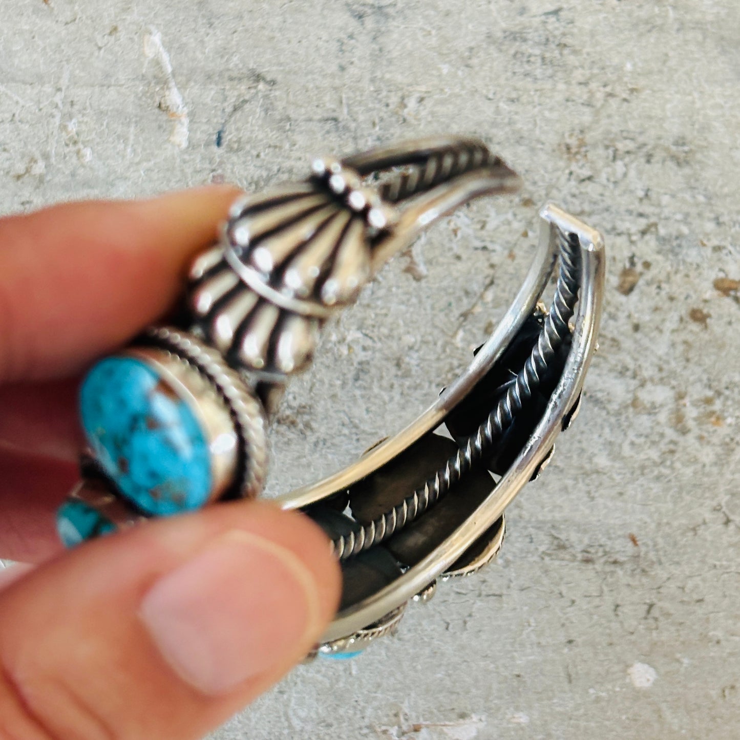 Navajo Hemerson Brown Sterling Silver & Web Kingman Turquoise Five Stone Cuff