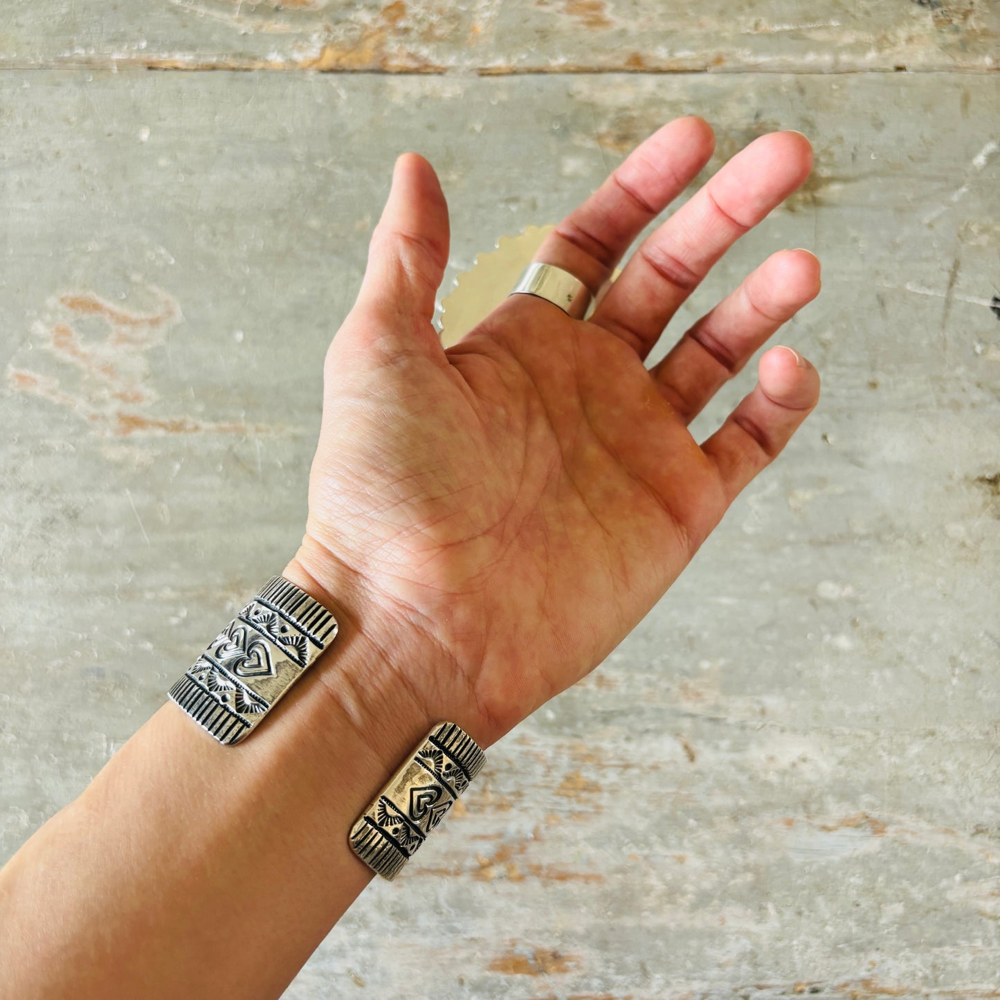 Navajo Hemerson Brown Sterling Silver - Red Coral & Sonoran Turquoise Cluster Hearts Cuff