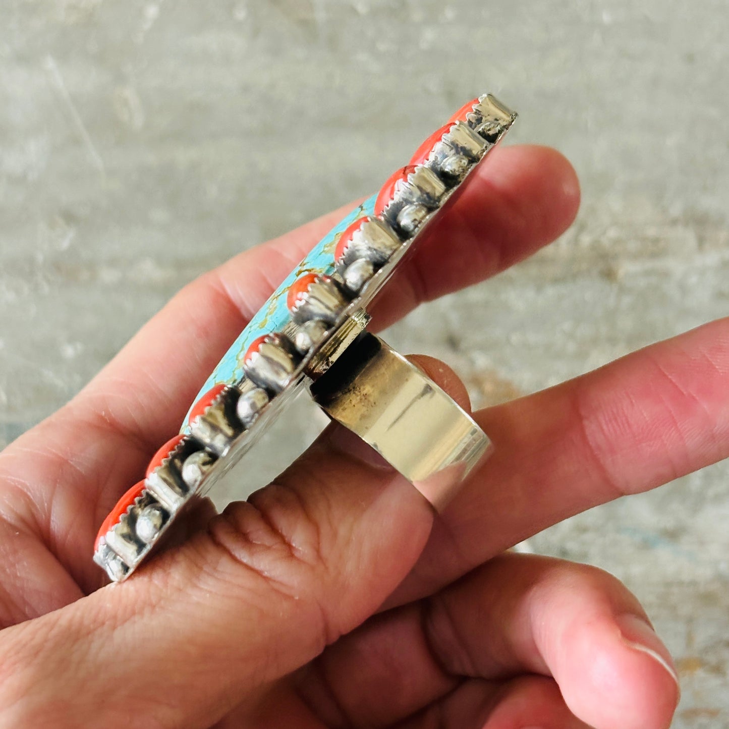 Navajo Hemerson Brown Sterling Silver - Red Coral & #8 Turquoise Cluster Statement Ring